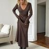 Women's Knitted Dress Elegant V Neck Thick A-line Dress Brown Long Sleeve Vintage Midi Casual Dresses for Women