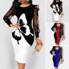 O-neck Square Collar Mesh Stitching Long Sleeve Hip Wrap Autumn Dress Elegant 3D Butterflies Print Bodycon Midi Dress Party Clothing