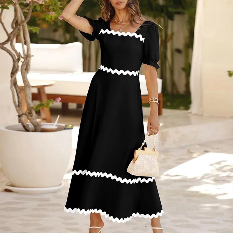 Summer Maxi Dresses for Women Short Sleeve Wave Printed Short Sleeve Long Dress Women Beach Holiday Dress Boho