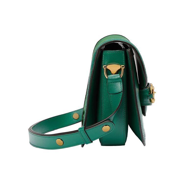 Gucci Horsebit 1955 Vintage Gold Buckle Color-Blocked Trim Leather Saddle Bag Small Women Saddle Bag Green Bright-Green 602204-1DBAG-3780