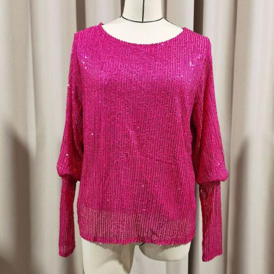 Women Tops Round Neck Lantern Long Sleeve Jumper Tops Loose Fit Glitter