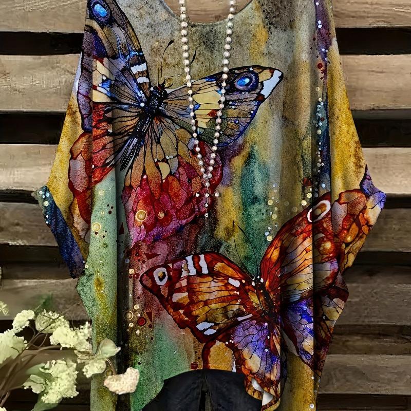 No Accessories Summer Directional Plus Size Plus Butterfly Graphic Print Swallowtail Crew Neck T-Shirt