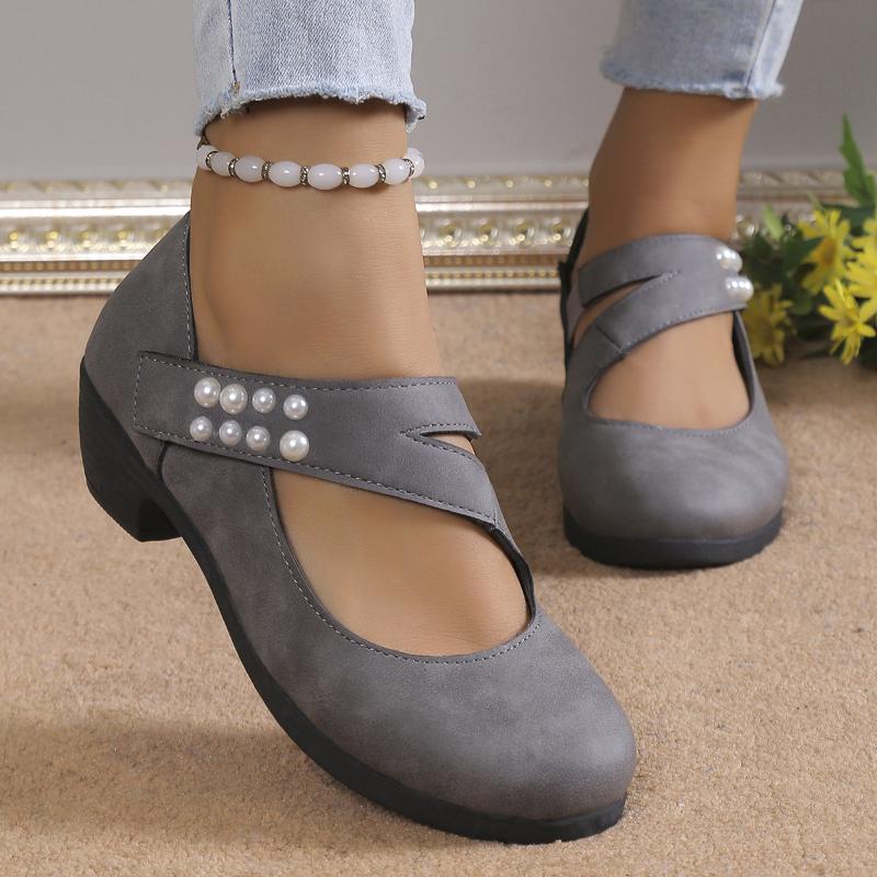 Женская повседневная обувь 2024 Осень Мода Жемчуг Круглый носок Средний каблук Женская Повседневная Обувь на высоком каблуке Массивная обувь Обувь Большой размер 43