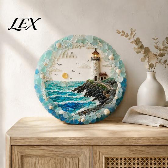 Housewarming Gift for Beach House Lighthouse Sea Glass Art Wall Ornament, Hand Assembled Shells And Tumbled Ocean Lover Birthday Present Decor, Style