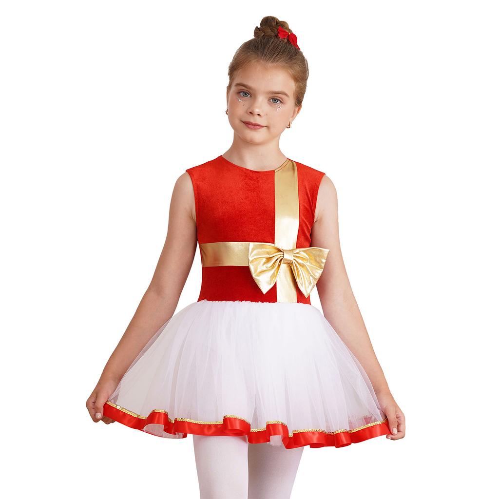 Girls Christmas Dance Dress Sleeveless Keyhole Back Patchwork Bow Sequin Design Leotard Party Costume Santa Theme
