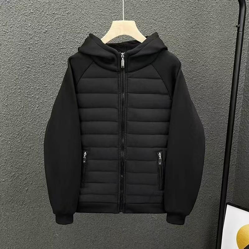 Men's Casual Hooded Cotton Jacket - Loose, Solid Color, Spliced Design, Trendy American Style