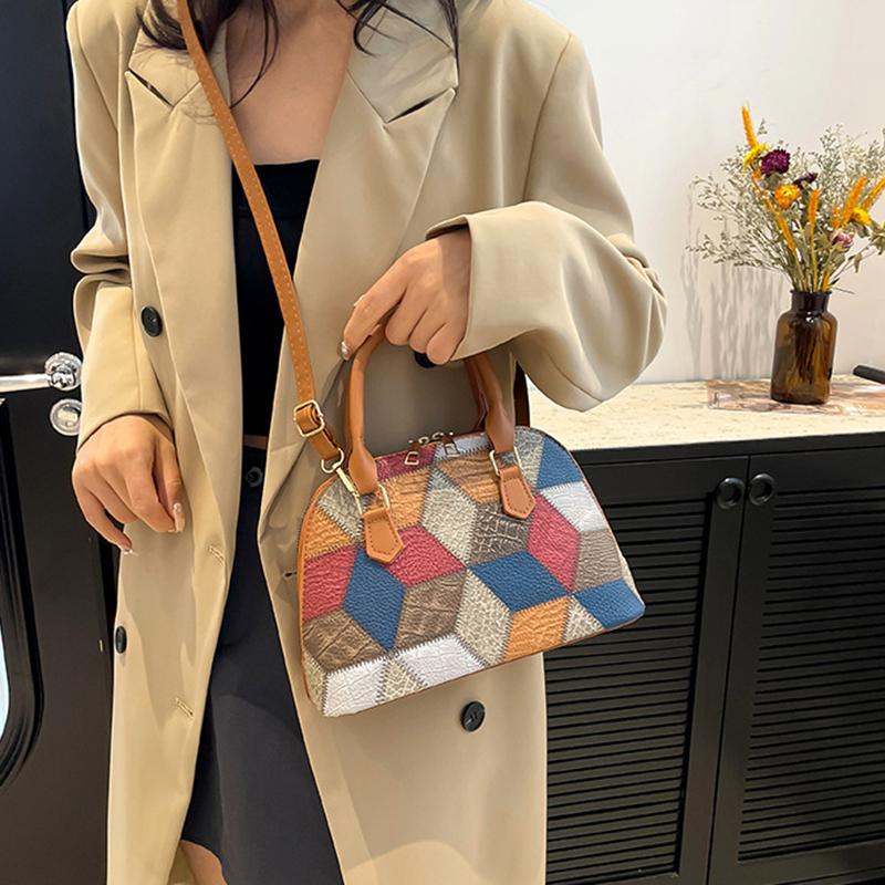 New Women Shell Crossbody Bag Contrast Color PU Leather Shoulder Bag Large Capacity for Shopping Small Handbags CLE