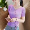 Women's Summer 2025 Slim-Fit Ice Silk V-Neck Short-Sleeve Knitted Pullover with Drawstring and Buttons