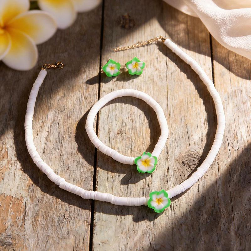 Bohemian vacation style egg flower necklace earrings set ins niche flower soft pottery color collarbone chain tide