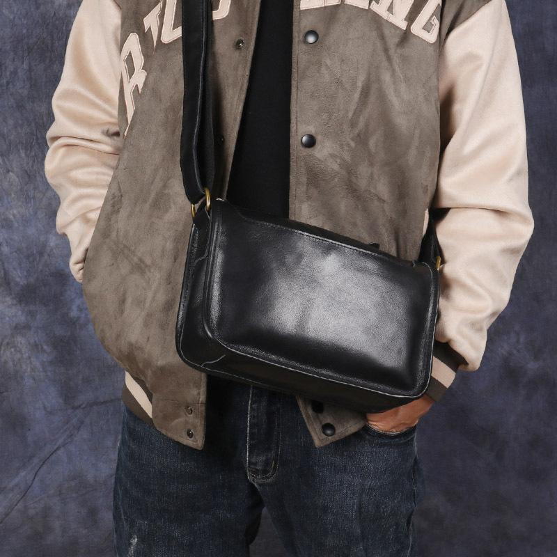 New Original Crazy Horse Skin Men's Bag Genuine Leather Crossbody Bag Men's Handmade Head Layer Cowhide Shoulder Bag Retro Small Backpack