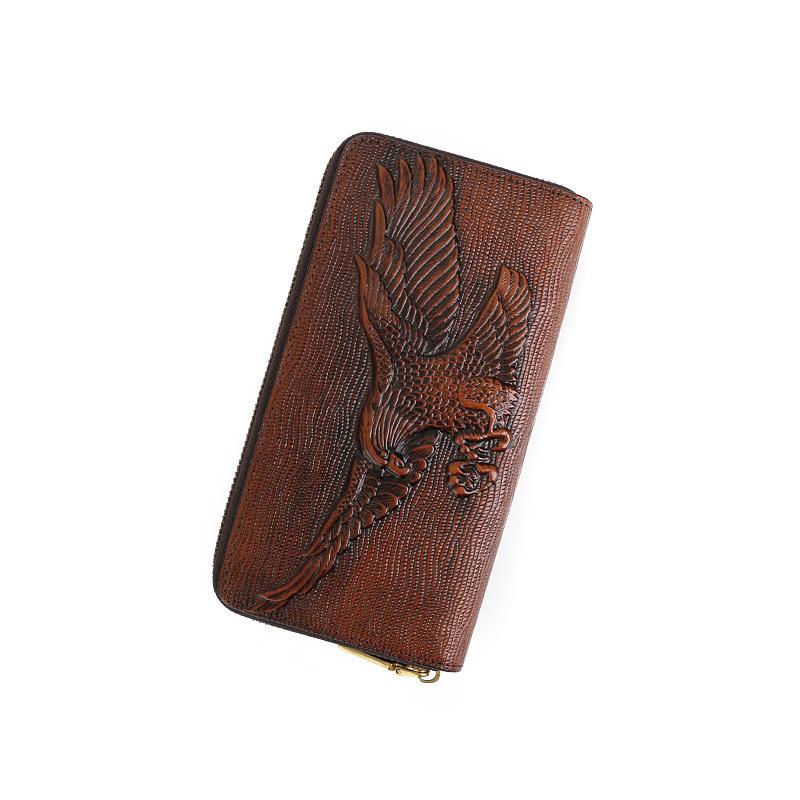 Кошелек мужской из натуральной коровьей кожи с тиснением в винтажном стиле на длинной молнии, клатч большой емкости с зажимом для денег