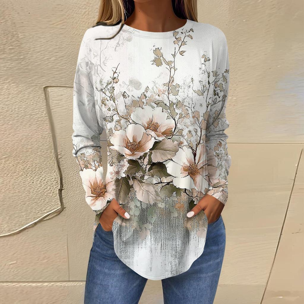 Женская свободная футболка с длинным рукавом с круглым вырезом и принтом, верхний пуловер