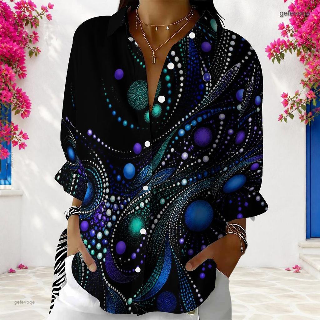 Women Plus Size Collared Neck Long Sleeve Button Front Printed Black Green Gold Shirt