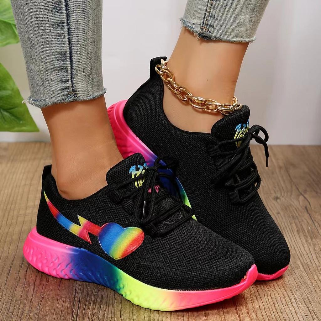 Summer Women's Mesh Sneakers Large Size Rainbow Bottom Elastic Flat Bottom Lace-up Knitted Sneakers Women