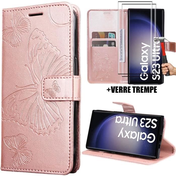 Coque - Booling - pour Samsung Galaxy S23 Ultra - Rose - Motif Papillons - Antichoc - 2 Verres Trempés