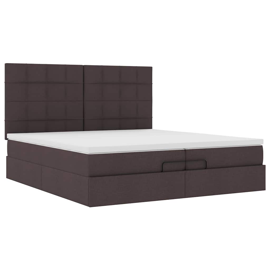 Enjoy restful nights with this Ottoman bed with mattresses and LED lighting in dark brown 200x200 cm fabric