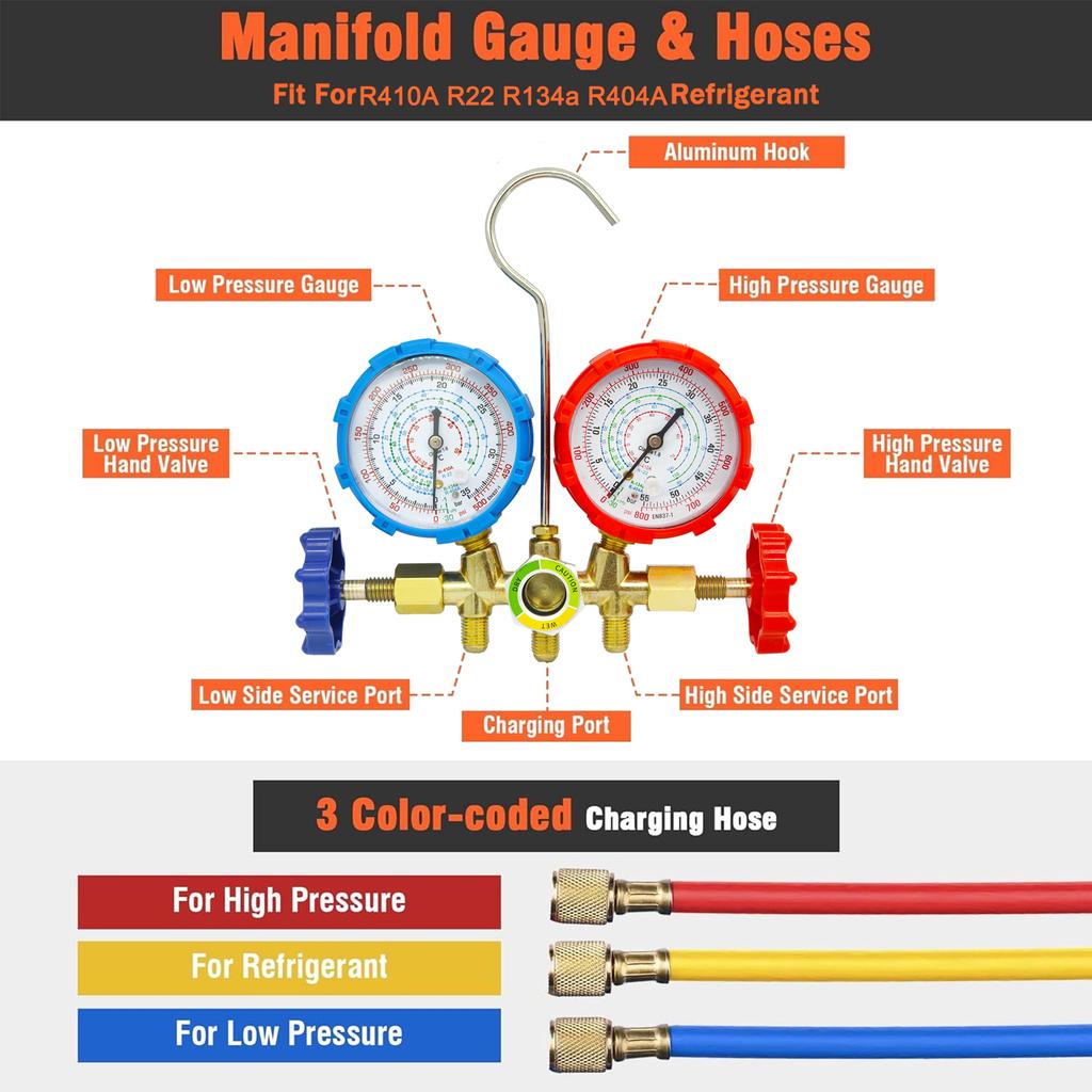 Refrigerant Air Conditioning Tools AC Diagnostic Manifold Gauge Set Hose Hook Kit for Refrigerant Testing R410A R22 R404A R134A