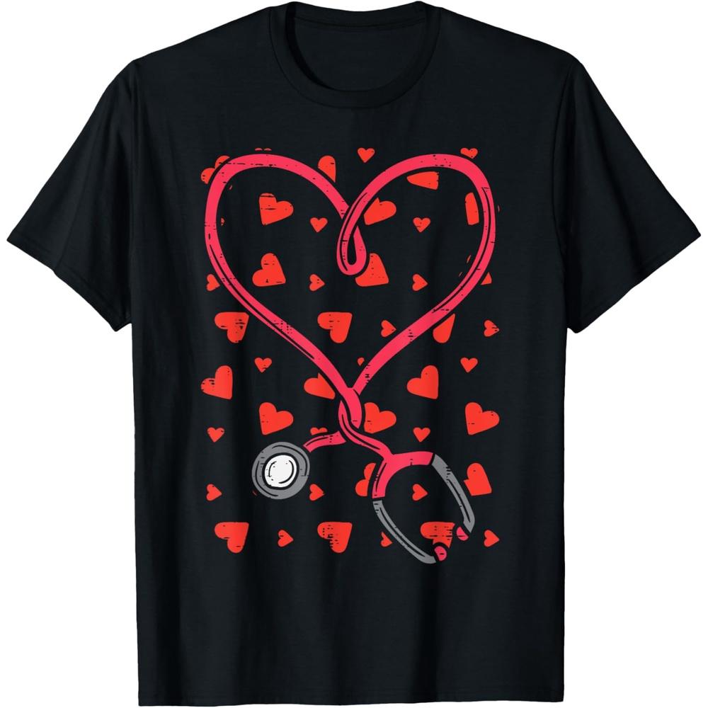 Heart Stethoscope Cute Love Scrub Top Valentines Day Nurse Cotton Men T Shirt