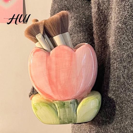 Flower-shaped Pen Holder Ceramic Flower Cute Desk Office Storage Box Stationery Shelf Desktop Organizer Multifunctional Aesthetic for Makeup