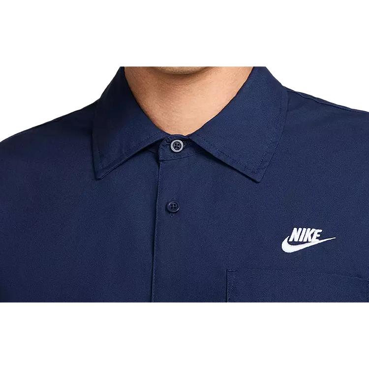 Nike Рубашка Oxford с коротким рукавом и застежкой на пуговицы с принтом логотипа, мужские топы, темно-синие, FN3902-410