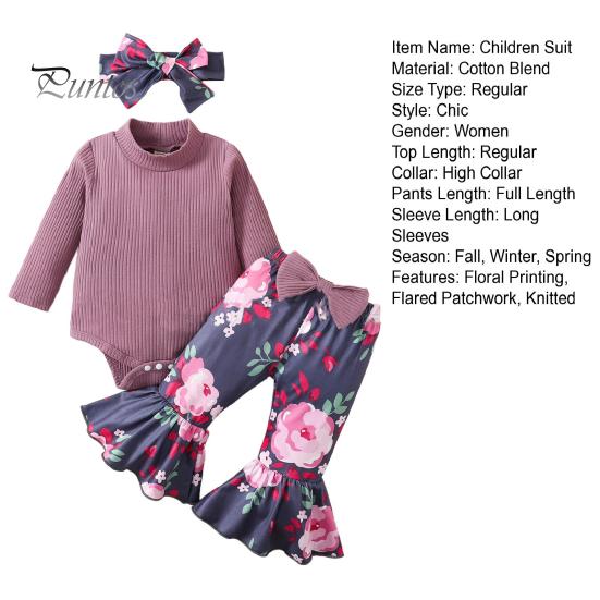 3 шт./комплект детский топ брюки повязка на голову костюм для 0-24 месяцев цветочный принт расклешенные брюки высокий воротник трикотажный боди бант повязка на голову фото реквизит