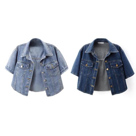 Women's Cropped Denim Jackets Lapel Button Down Trucker Jean Jackets Summer Short Sleeve Casual