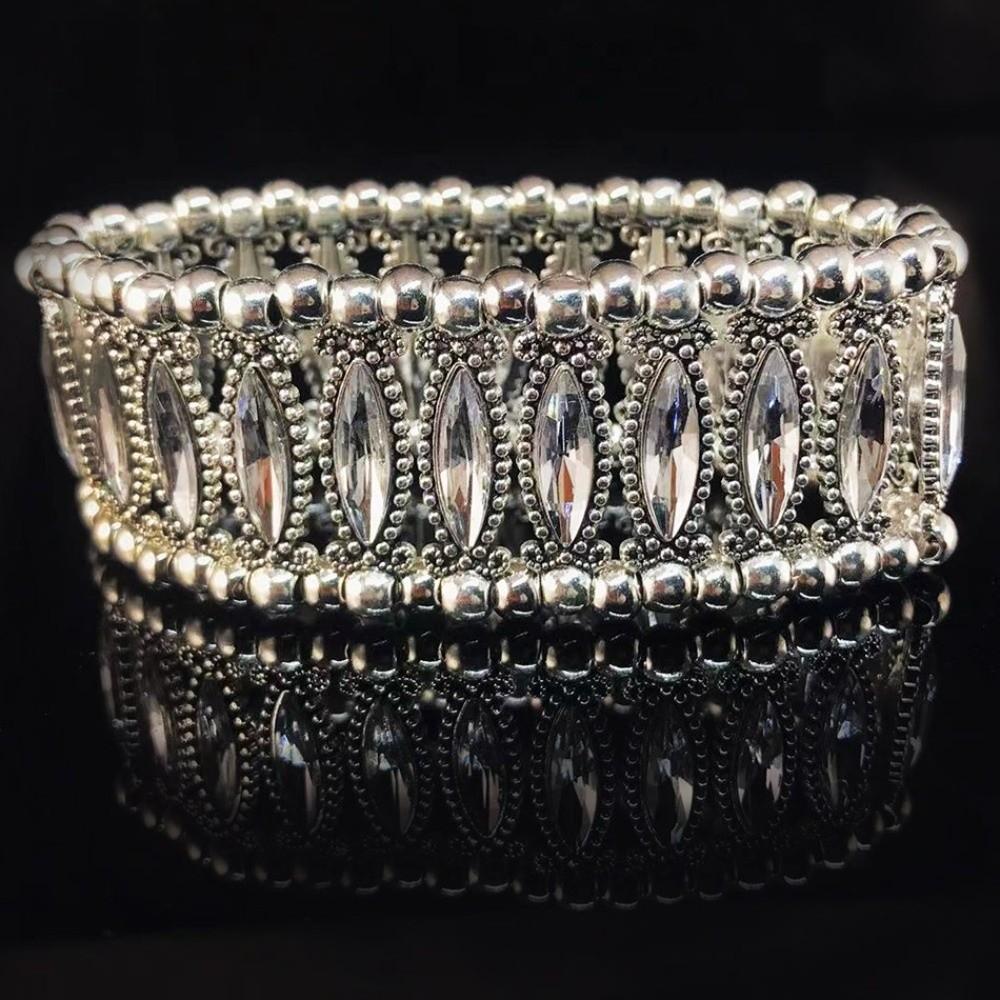 Elastic Wide Bangle Double Row Cuff Bracelet Trendy Rhinestone Bracelets For Women
