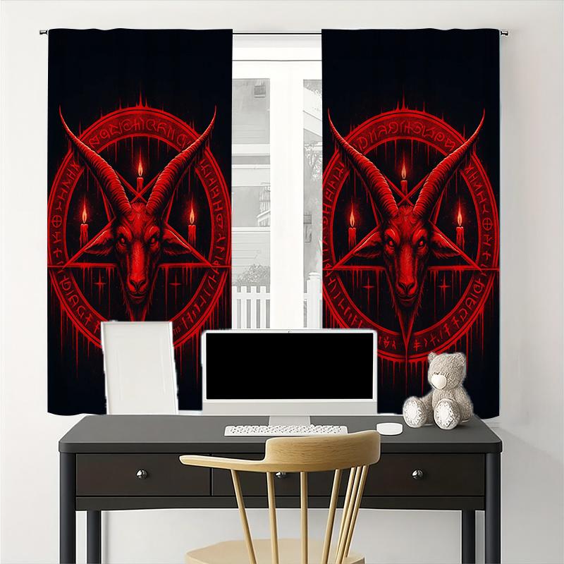 2 шт. Готские Блэкаут Шторы  Сатанинская Пентаграмма и Красная Голова Козла  Светофильтрующие для Спальни  Гостиной и Офиса  Темный Стиль Декора