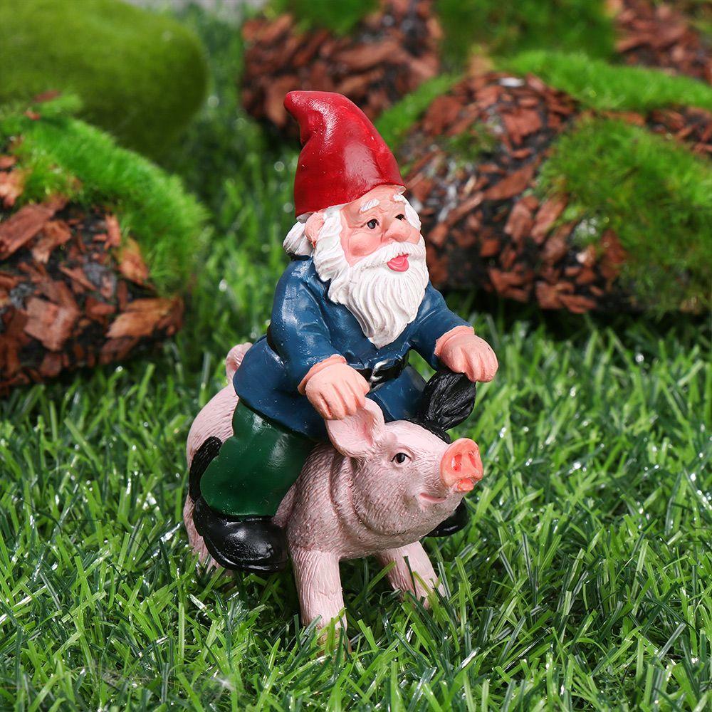Landscape Female Goblin Statue Miniature Dwarf Figurine Fairy Garden Decorations Riding Pig Gnome