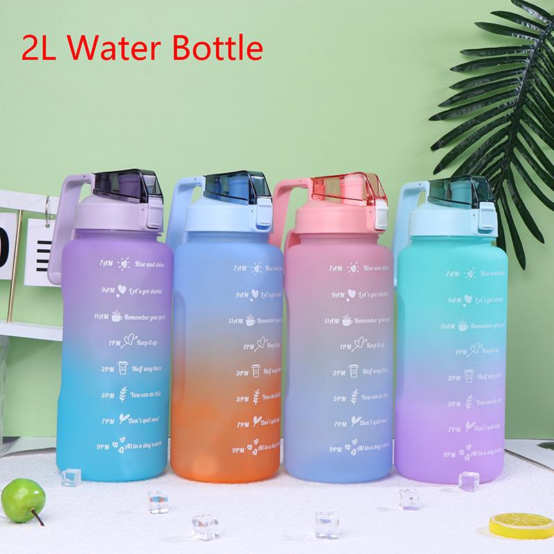 2L Large Capacity Water Bottle Straw Cup Gradient Color Plastic Water Cups With Time Marker Outdoor Fitness Sports Bottle