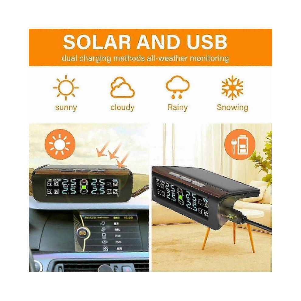 Wireless Solar TPMS LCD Car Tire Pressure Monitoring System with 4 External Sensors Solar Automatic