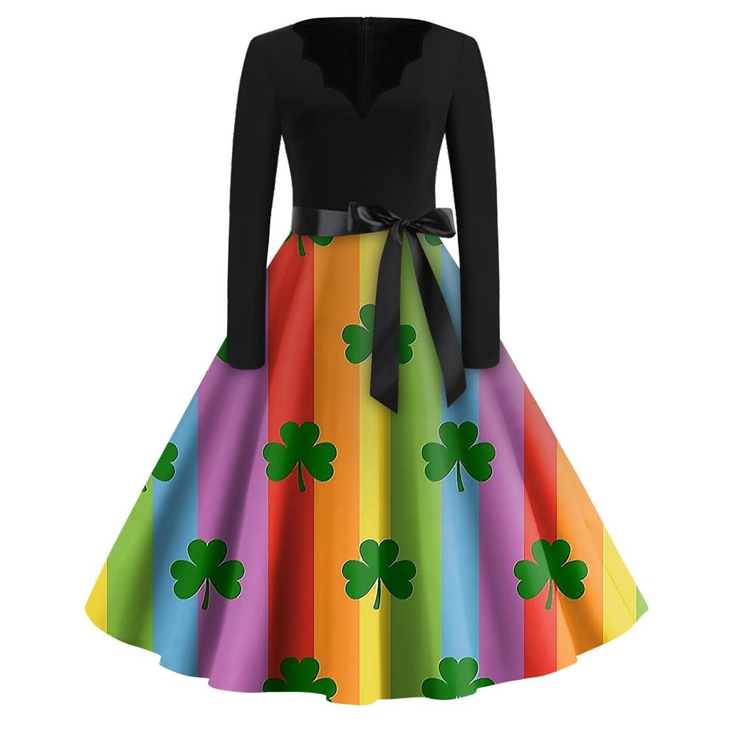 Women's Fashion V-Neck Casual Slim St Patrick's Day Printed Long Sleeve Dresses