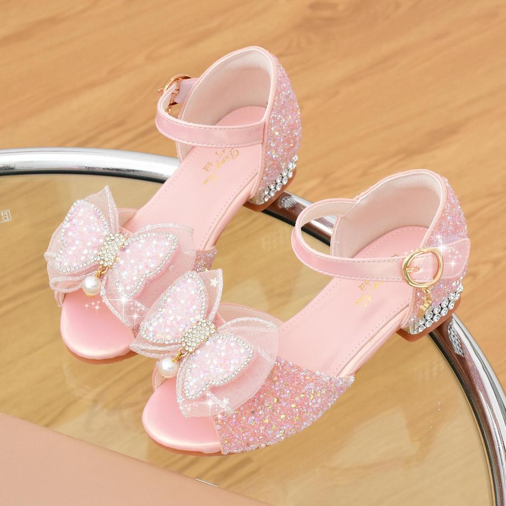 Детские босоножки на высоком каблуке с хрустальной пряжкой и бантом из страз - Мягкая подошва, туфельки принцессы для летних выступлений 2026 года