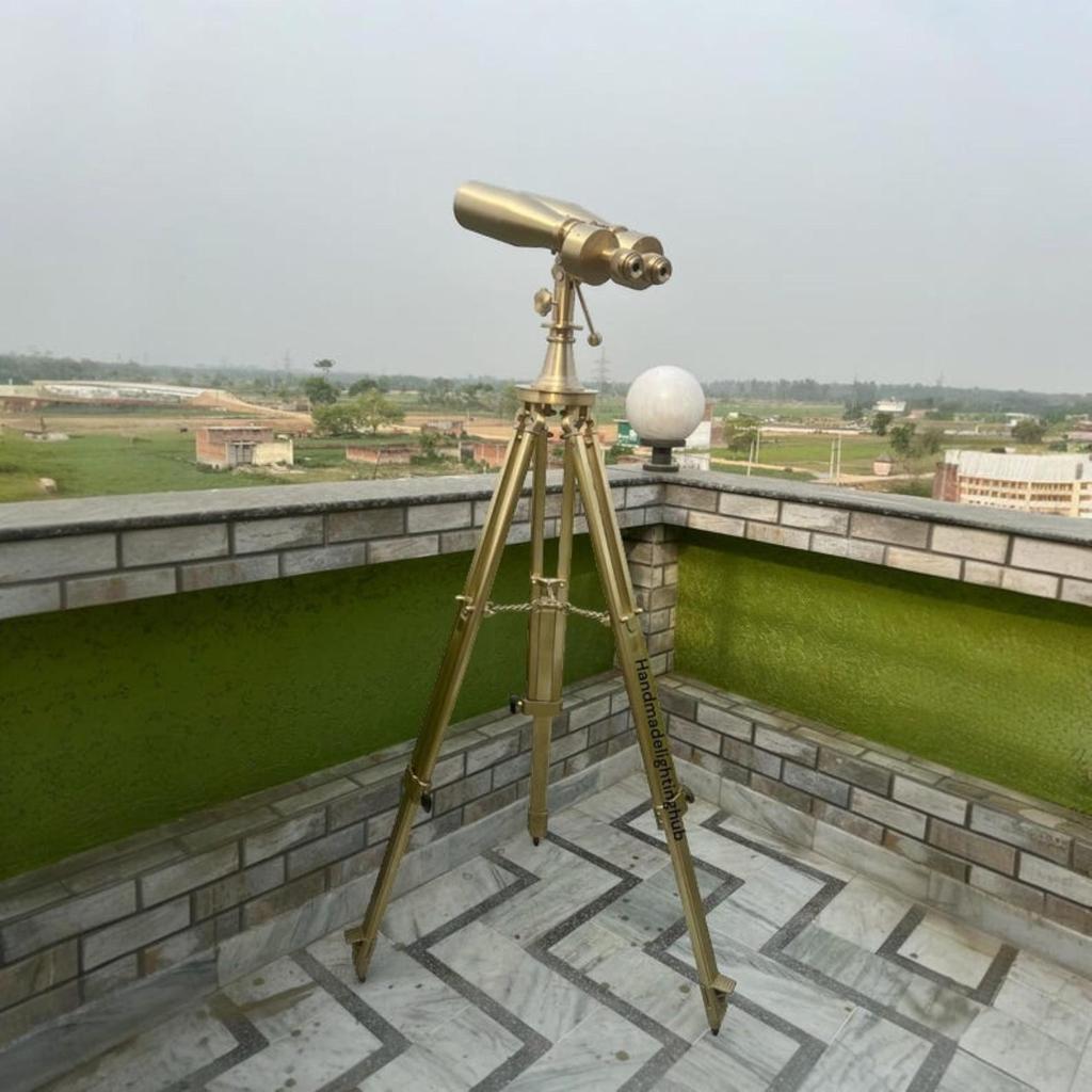 Naval Ship Solid Brass Heavy Double Eye Lance 15x80 Prism Binocular With Heavy Chrome Nickel Adjustable Tripod Tall Stand Replica of 1920s