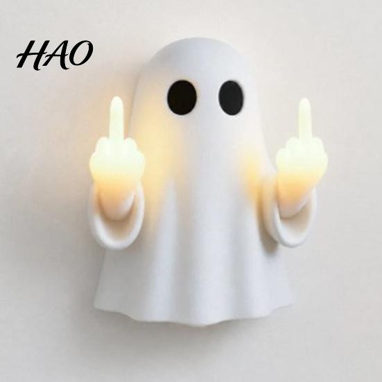 Ghost Themed Shelf Decor Halloween Middle Finger Glow Night Light, Funny LED Wall Battery Powered Sign Lamp, Cute Spooky Tabletop Decoration
