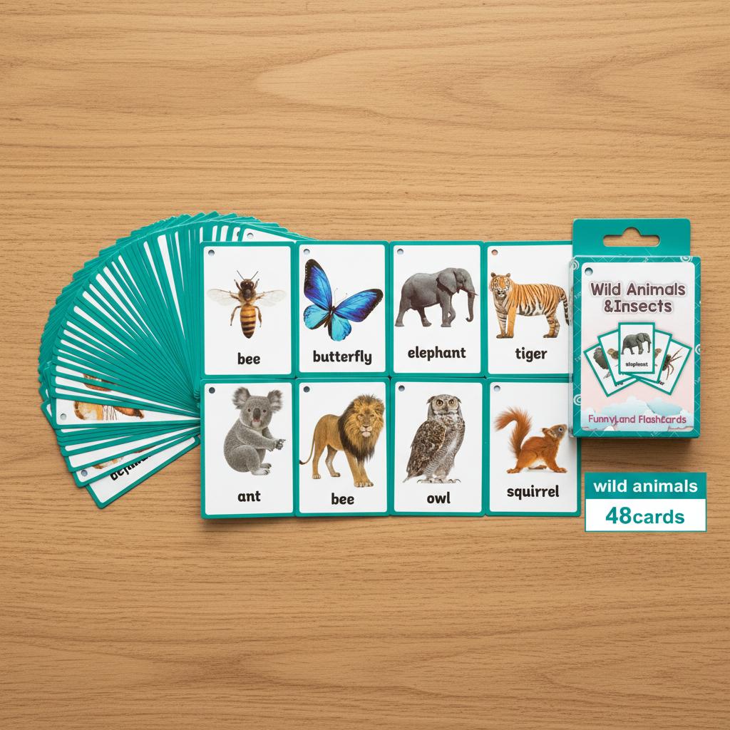 Wildlife Insect Word Flashcards 48Pcs Double-Sided Laminated Point-Reading Early Education Tool for Kids