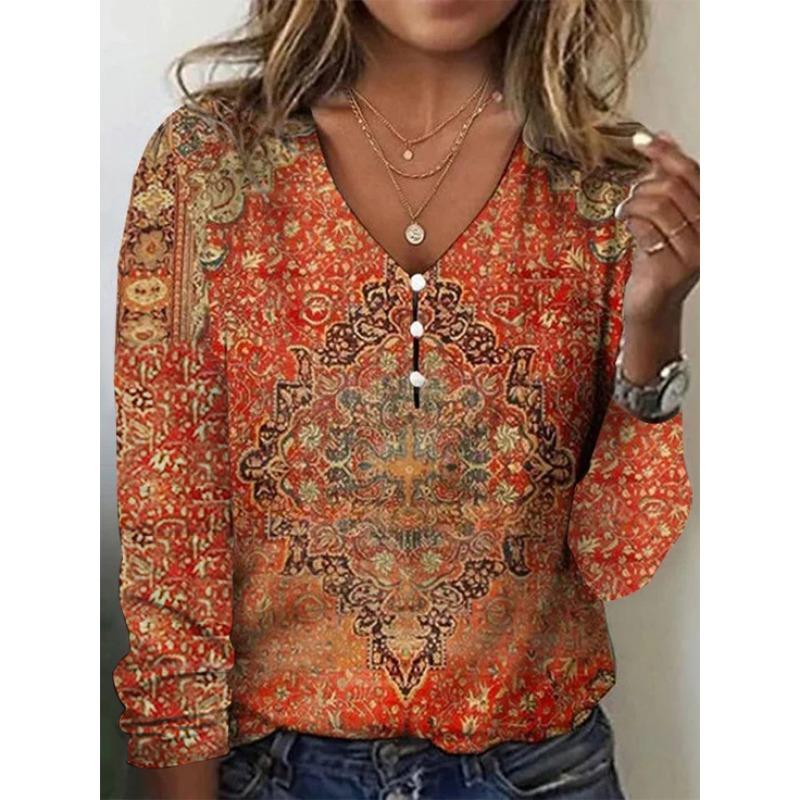 Spring and Autumn Women's Blouse V Collar Star Tie-dye Pearl Buttons Long Sleeve T-shirt