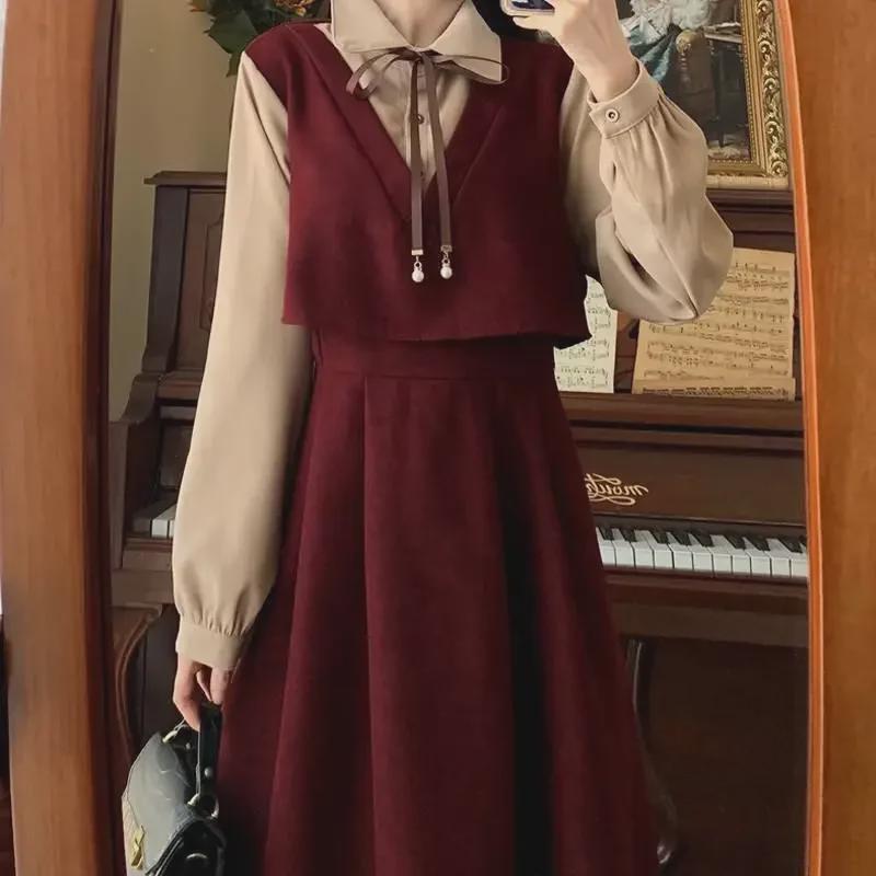 Платье большого размера с высокой талией, многослойное, из двух частей, с эффектом осеннего корейского стиля в колледже