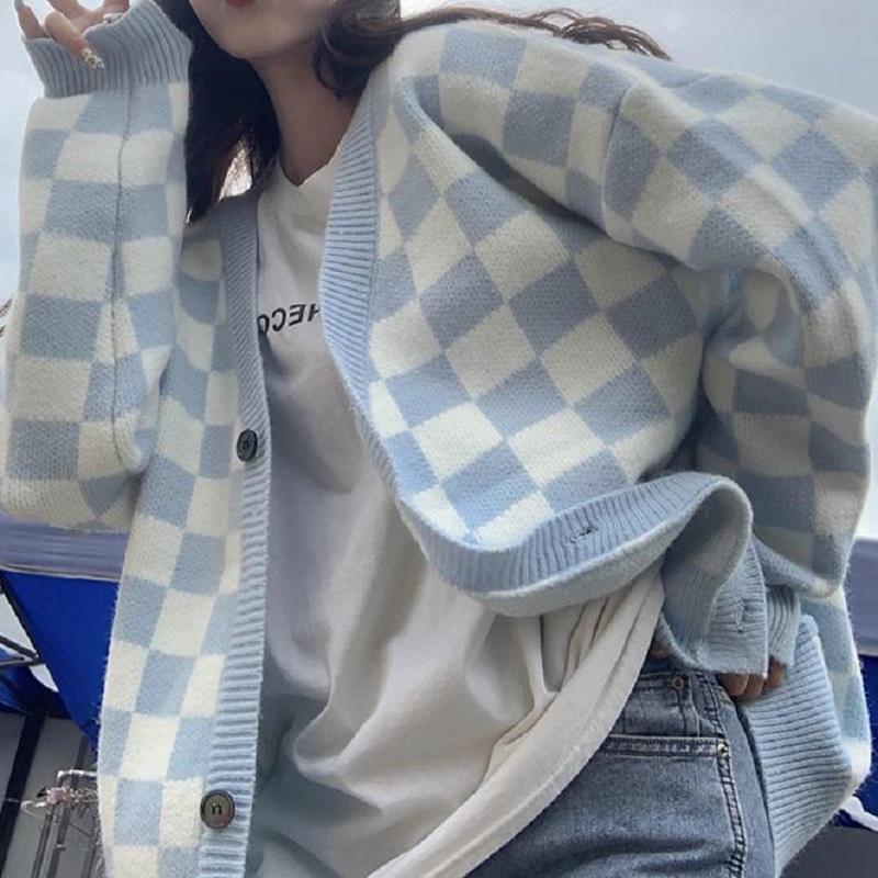 Корейский стиль, клетчатый кардиган большого размера, свитер, женский винтажный вязаный жакет в клетку, модный джемпер с длинными рукавами, женский