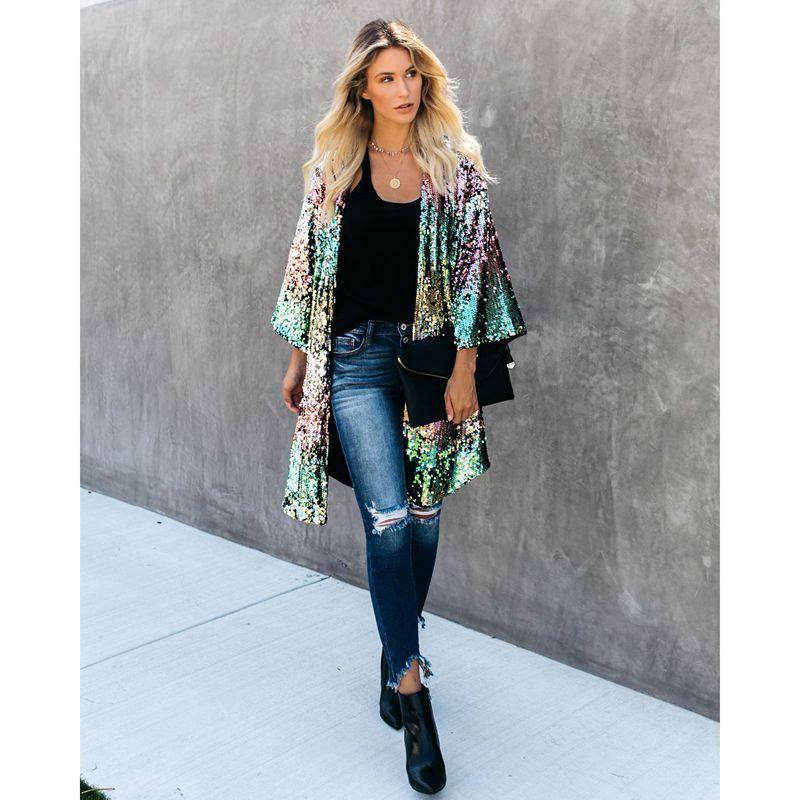 FASHION Cardigan Coat Classic Sleeve Skin-touch Gown Cape Daily Clothing Women Shiny Sequins Mid-length Cape Jacket Women Coat