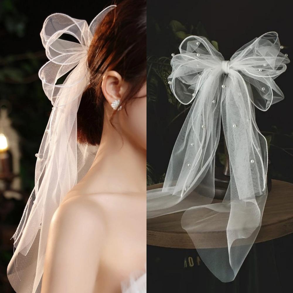Короткая Свадебная Фата Многослойная Фата с Жемчугом и Бантом Нежная Белая Свадебная Фата из Тюля Вечеринка
