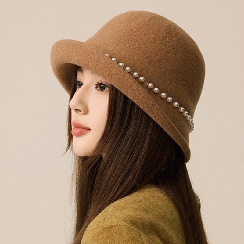 Pearl Wool Top Hat Women's Dome Hat Autumn Winter Warm Bucket Hat
