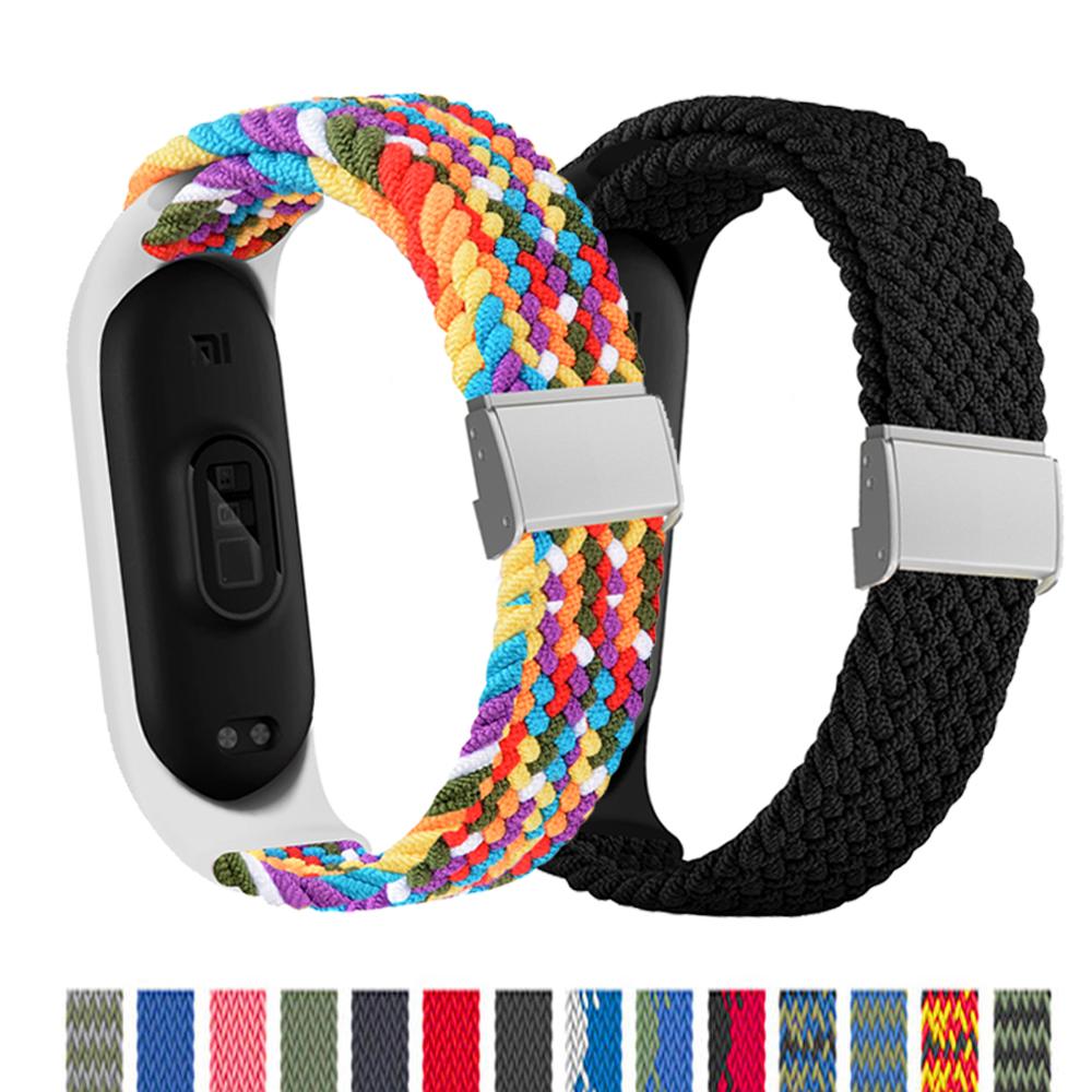 Плетеный solo loop Ремешок для Mi band 7 Эластичный регулируемый металлический Нейлоновый браслет Miband4 miband 5 correa для xiaomi Mi band 4 3 5 6