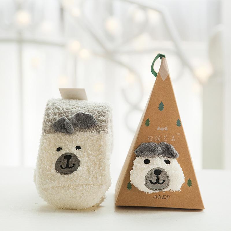 3D Cartoon Coral Fleece Christmas Socks for Adults & Kids, Half-Velvet with Acrylic Ball Design