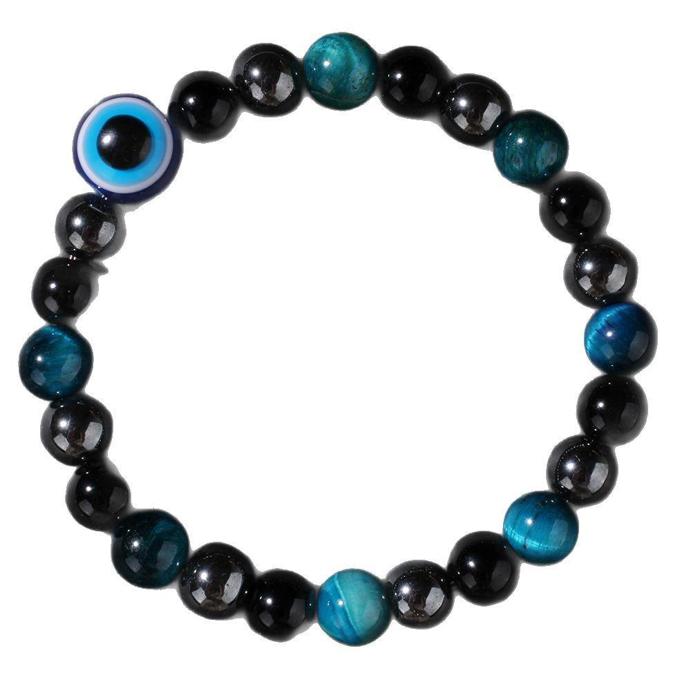Triple Protection Bracelet Blue Tigers Eye Black Bile Obsidian Evil Eye Beaded Bracelet Handmade Stretch Beaded Bracelets