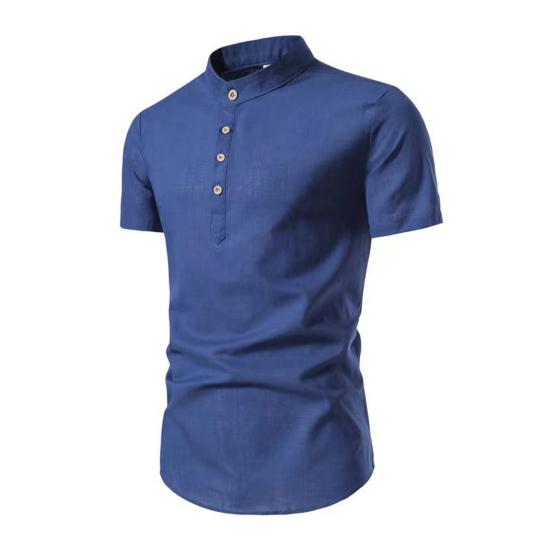 Мужская рубашка сплошной цвет Slim Fit воротник-стойка с короткими рукавами мягкий легкий пуловер на пуговицах