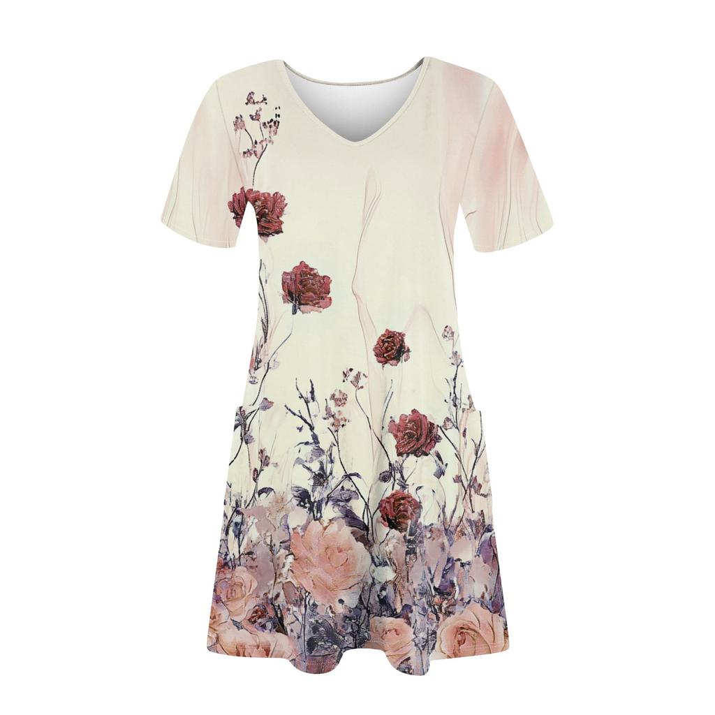 Женское повседневное и модное платье средней длины с V-образным вырезом и коротким рукавом с принтом