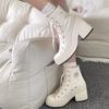 Canvas Shoes Women's Retro Chunky High-heeled High-top Lace-up White  Casual Shoes