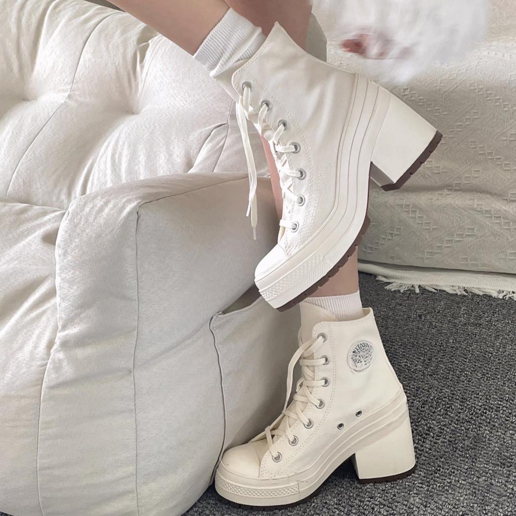 Canvas Shoes Women's Retro Chunky High-heeled High-top Lace-up White  Casual Shoes