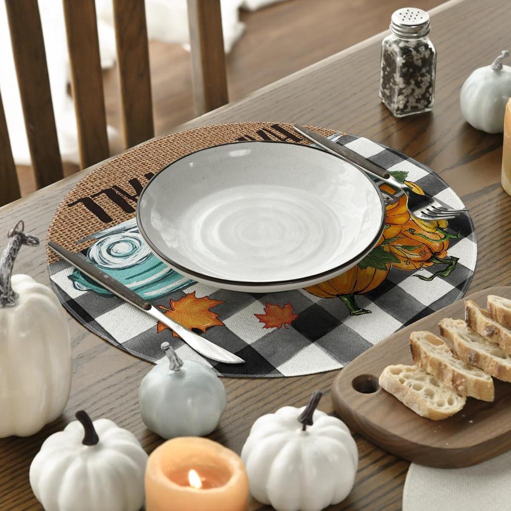 Artoid Mode Buffalo Plaid Truck Pumpkin Round Fall Placemats Set of 4, 14 Inch Seasonal Thanksgiving Round Table Mats for Dining Decoration
